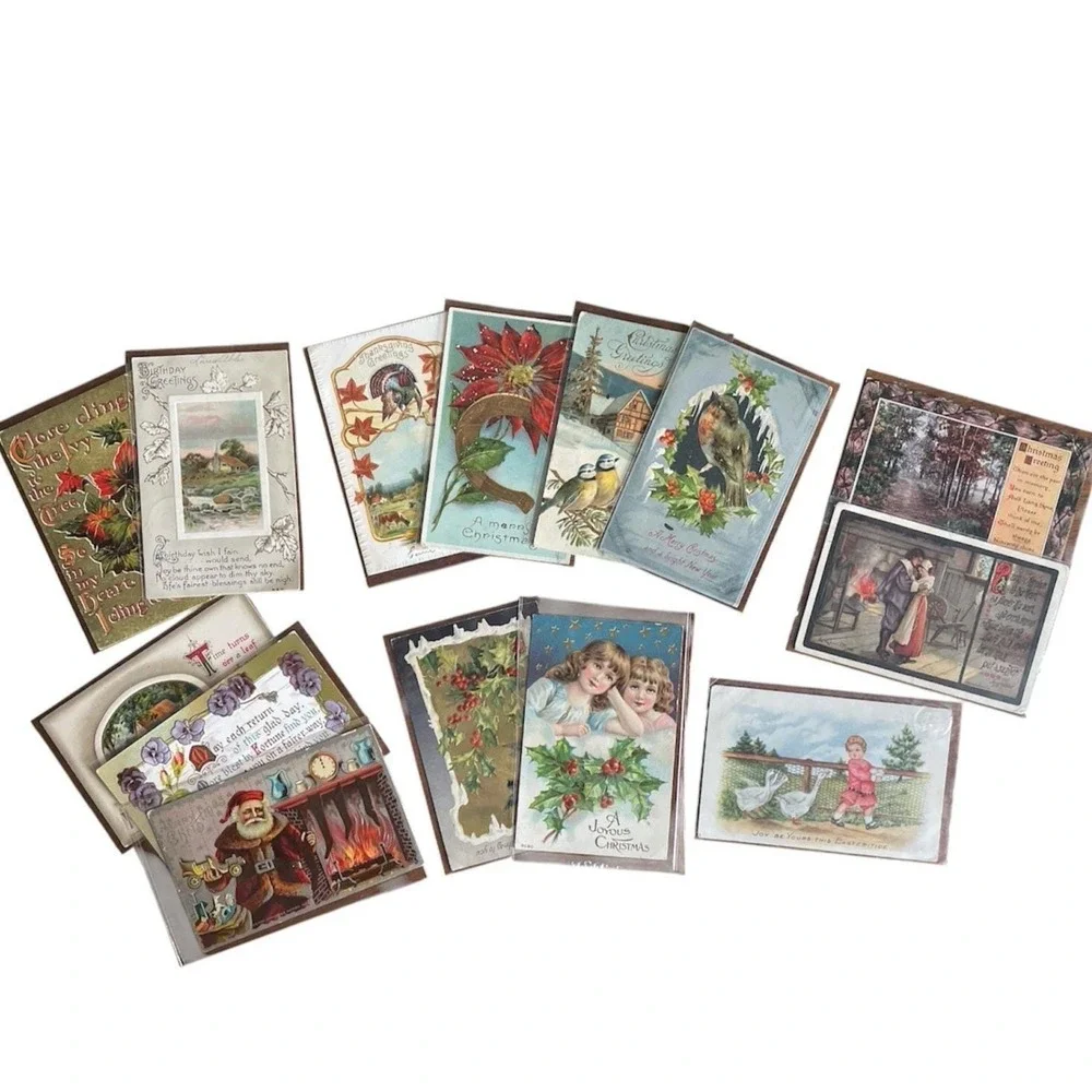 Set of 14 Antique Postcards Christmas Santa Turkey Gold Birds‎ Bells Snow Easter